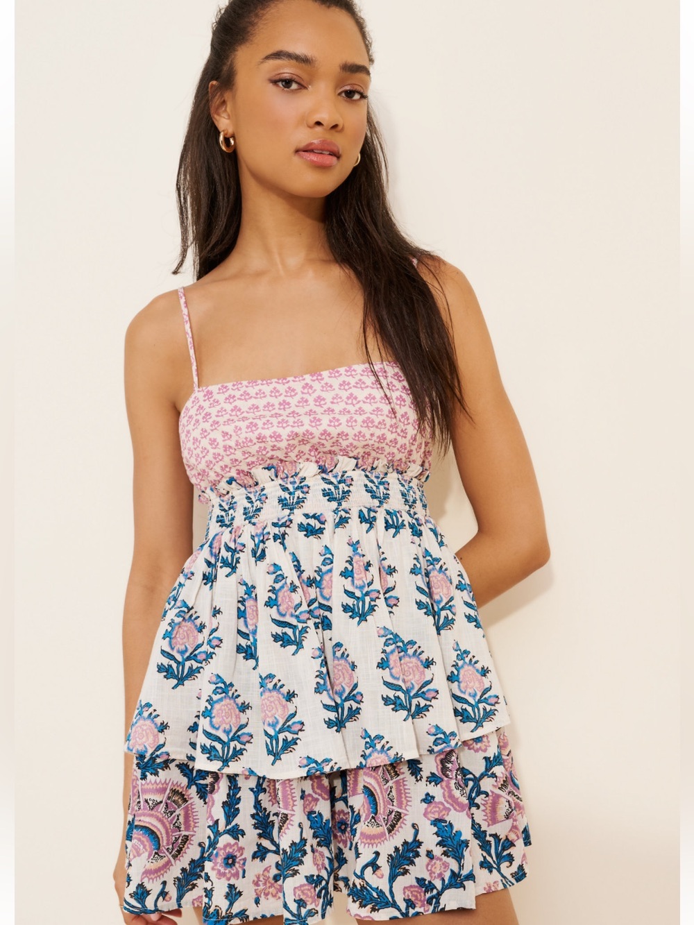 Anthropologie Celandine Straight Neck Tiered Block Print Mini Dress Size S Dres - Picture 3 of 16